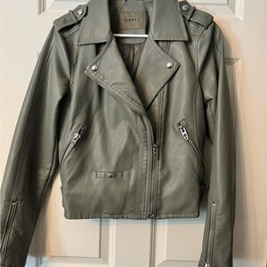 Green Leather Moto Jacket with Asymmetrical Zipper and Notched Lapels